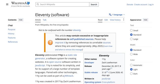 A screenshot of the Wikipedia page for Eleventy